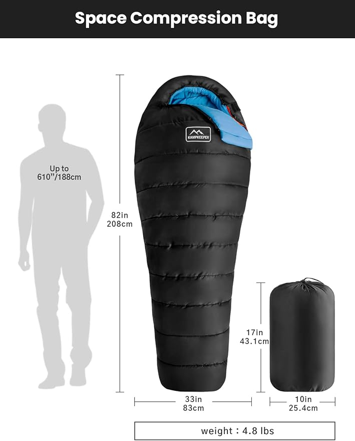 KAMPKEEPER Mummy Sleeping Bag for Adults,3-4 Seasons Cold Weather,Waterproof,Lightweight,Non-Snag Zipper with Adjustable Hood Perfect for Backpacking, Hiking,Camping