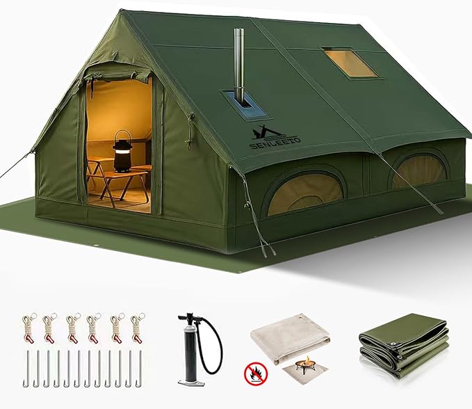 13' x 10' Large Inflatable Tent for Camping 8-10 Person, 4 Season Inflatable Hot Tent with Stove Jack, Easy Setup Blow Up Tents Hand Pump, Inflatable House for Outdoors