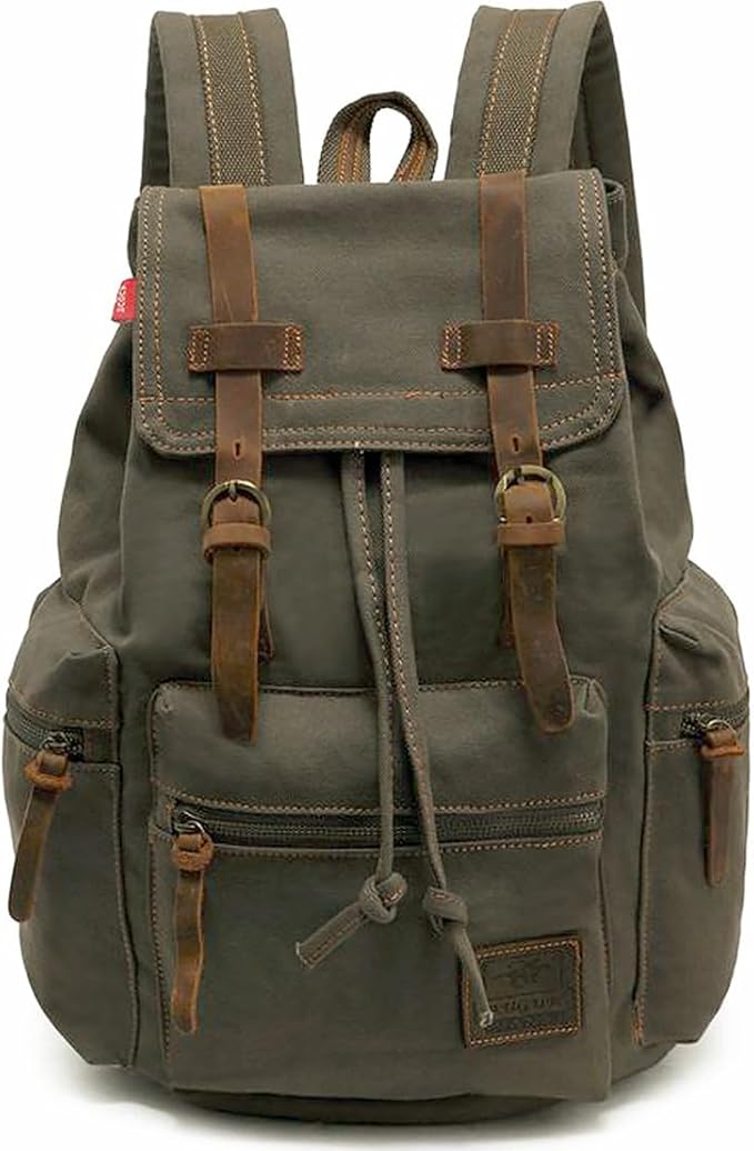 HuaChen Vintage Canvas Travel Backpack with Leather Trim, Laptop Padded Sleeve, Hidden Back Security Pocket, Fits 14-Inch, M32 Army Green