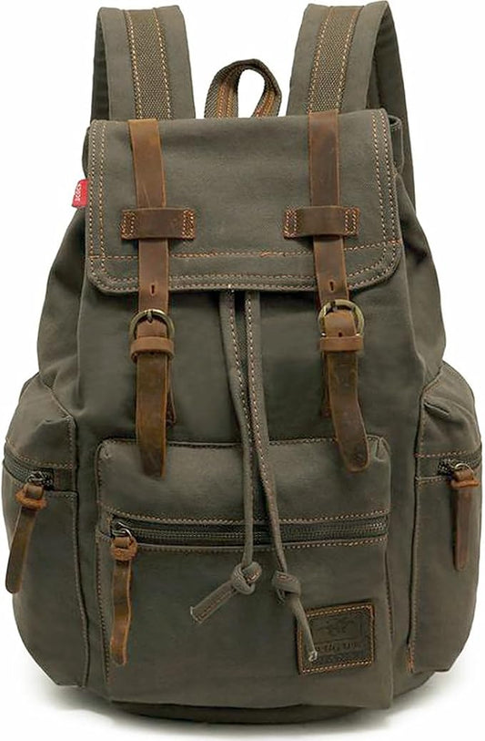 HuaChen Vintage Canvas Travel Backpack with Leather Trim, Laptop Padded Sleeve, Hidden Back Security Pocket, Fits 14-Inch, M32 Army Green