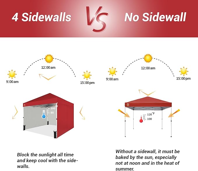 CROWN SHADES 10X10 Comercial Instant Canopy Pop Up Tent with Center Lock (10x10 with 4 Sidewalls, Red)