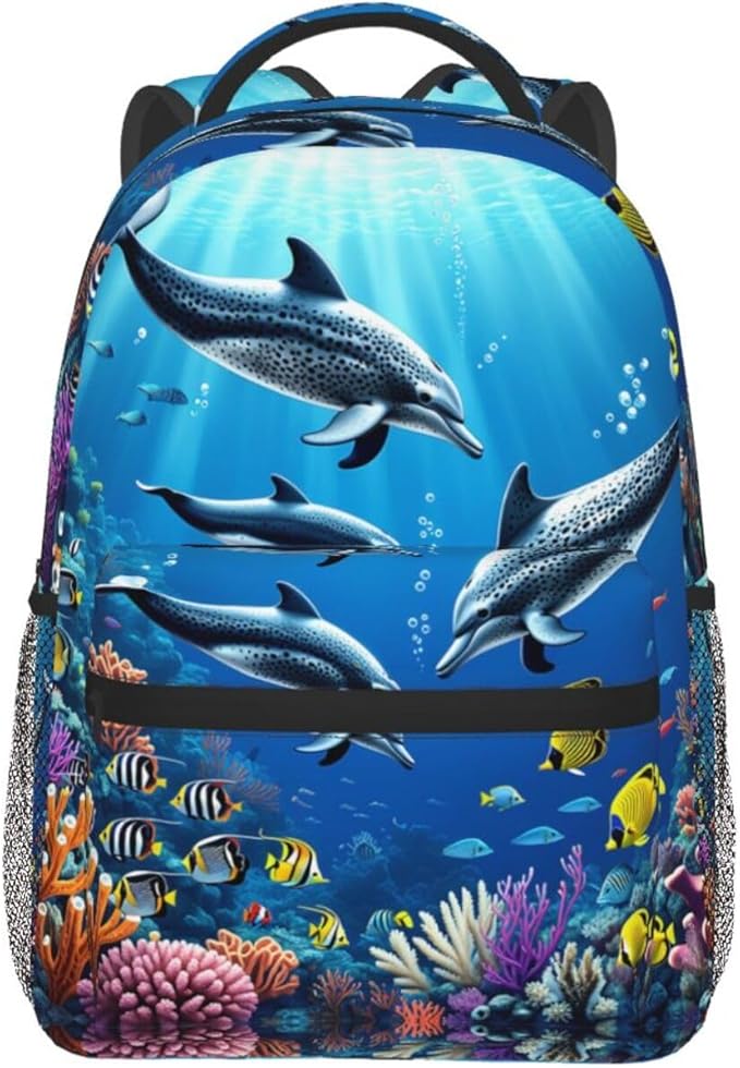 Casual Daypack Multipurpose Anti-Theft Large Capacity Carry On Bag, Colorful Sea Ocean World Dolphin Tropical Fishes Coral Art Casual Daypack Climbing Shoulder Bag With Padded Straps