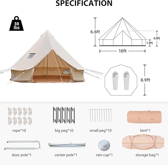 Bell Tent for Camping - Breathable Polycotton Canvas Yurt with Stove Jack, 4-Season Glamping Tent for 2-8 Person, Sturdy Shelter Family Camping & Backyard (10ft/13.1ft/16.4ft)