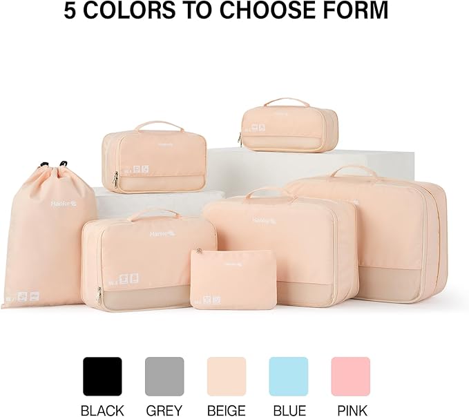 Hanke 7 Set Compression Packing Cubes for Travel, Expandable Large Packing Cubes for Suitcases and Backpack, Luggage Packing Organizer Bags with Double Zipper as Travel Essentials