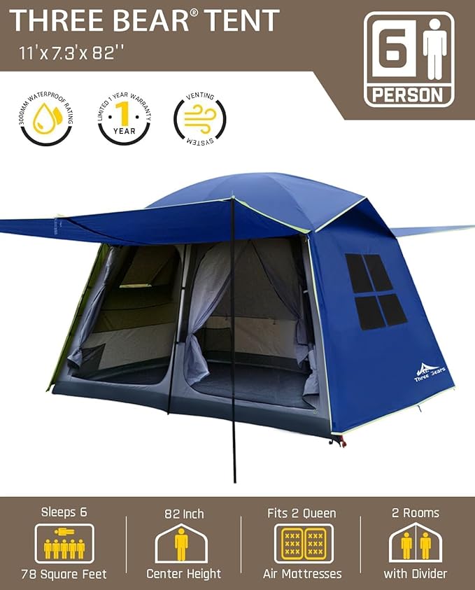 Three Bears 6-Person Tent, 3000mm Waterproof Double-Layer Tent with Room Dividers, Family Tent with Color-Coded Connection Buckles, Front and Rear Vestibules Can Be Set Up as Sunshade Canopies