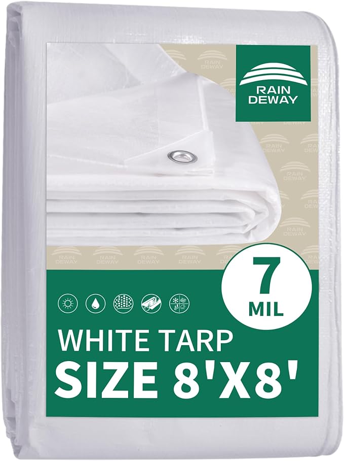RAINDEWAY Tarps 8x8 Feet Tarp Waterproof,7Mil Thick,Finished Size,UV Resistant,Multipurpose Poly Tarp Cover with Metal Grommets and Reinforced Edges,White Tarps