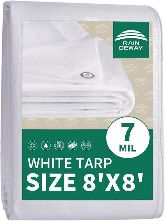 RAINDEWAY Tarps 8x8 Feet Tarp Waterproof,7Mil Thick,Finished Size,UV Resistant,Multipurpose Poly Tarp Cover with Metal Grommets and Reinforced Edges,White Tarps