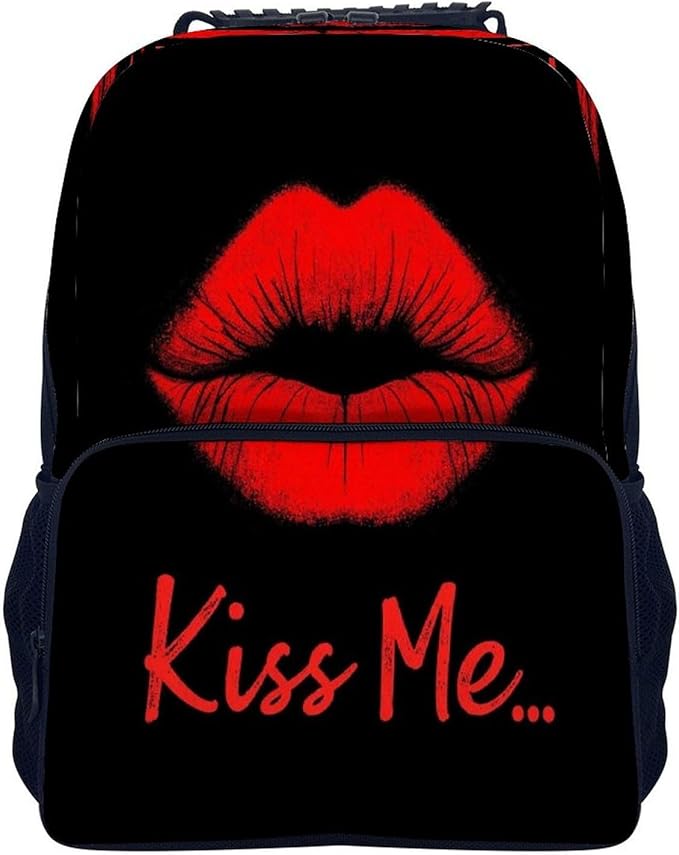 Men Women Lightweight Black Red Lip Print Kiss Me Backpack Large Capacity Bookbag With Smooth Zippers for Gym Business Running