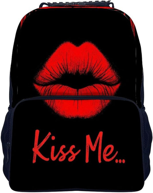 Men Women Lightweight Black Red Lip Print Kiss Me Backpack Large Capacity Bookbag With Smooth Zippers for Gym Business Running