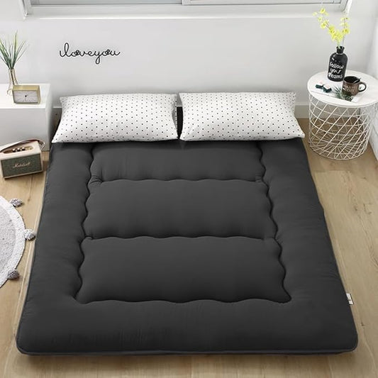 Floor Mattress Japanese Futon Foldable Sleeping Pad, Portable Roll Up Tatami Mat for Camping Guest Room, Black, Full (80" X 47")