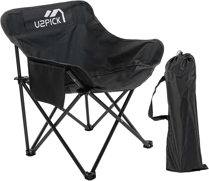 Folding Camping Chairs, Portable Moon Chair Support Up to 330Lbs with Carry Bag, Lightweight Foldable Outdoor Chair with Cup Holder, Black