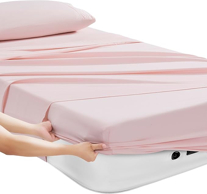 Camping Sheets Twin Size - Outdoor Air Mattress Sheet Set – Built-in Corner Straps for Air Mattress & Camping Use – Designed for Inflatable Beds & Tailgate Sleepovers, Pale Pink