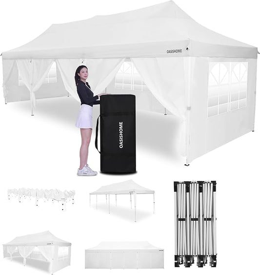 OASISHOME 10'x30' Pop-Up Canopy Tent with 8 Removable Sidewalls,Carry Bag,Waterproof Commercial Gazebo for Weddings/Outdoor Events – Heavy-Duty Frame, Raised Top Cover(White, 10x30(Higher top))