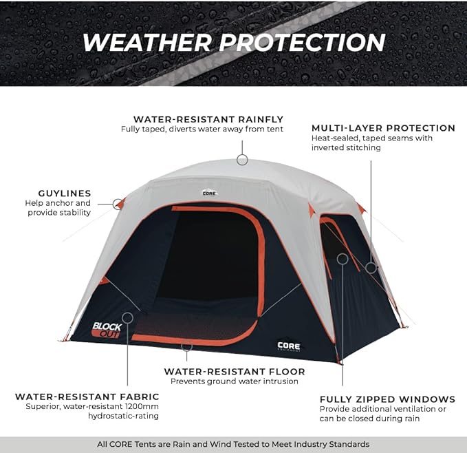 CORE Blackout 6 Person & 9 Person Dome Tent | Best Car Camping Outdoor Family Camp Tent | Included Storage Pockets for Camping Accessories | Portable Tent for Camping with Carry Bag
