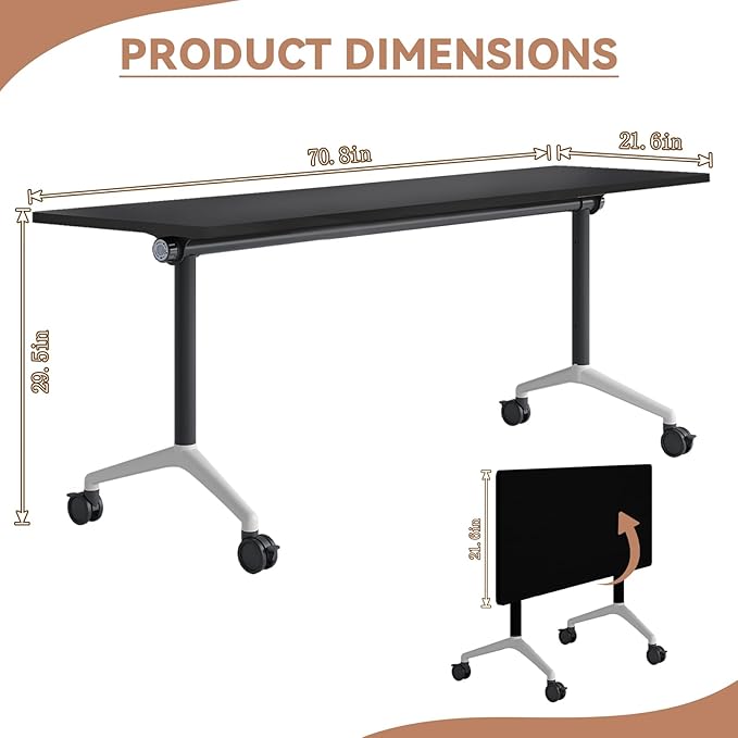 2Packs 70.8 Inch Folding Conference Table Space-Saving 5.91Ft Training Classroom Table,Heavy-Duty Meeting Table for Office Events,Easy Storage Design, Black Rectangular Table with Durable Legs