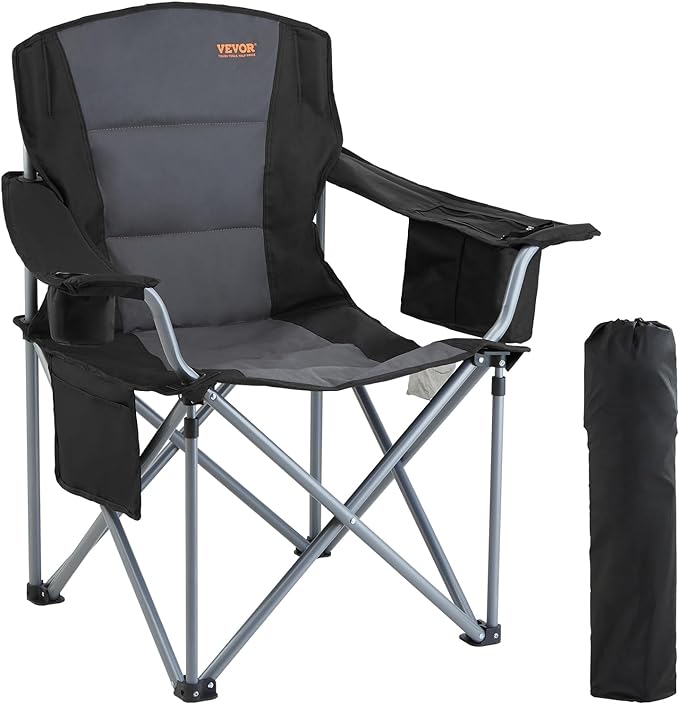 VEVOR Camping Folding Chair, Portable Heavy Duty Outdoor Quad Lumbar Back Padded with Side Pockets, Cup Holder and Cooler Bag for Beach, Lawn, Picnic, Fishing, Backpacking, Black