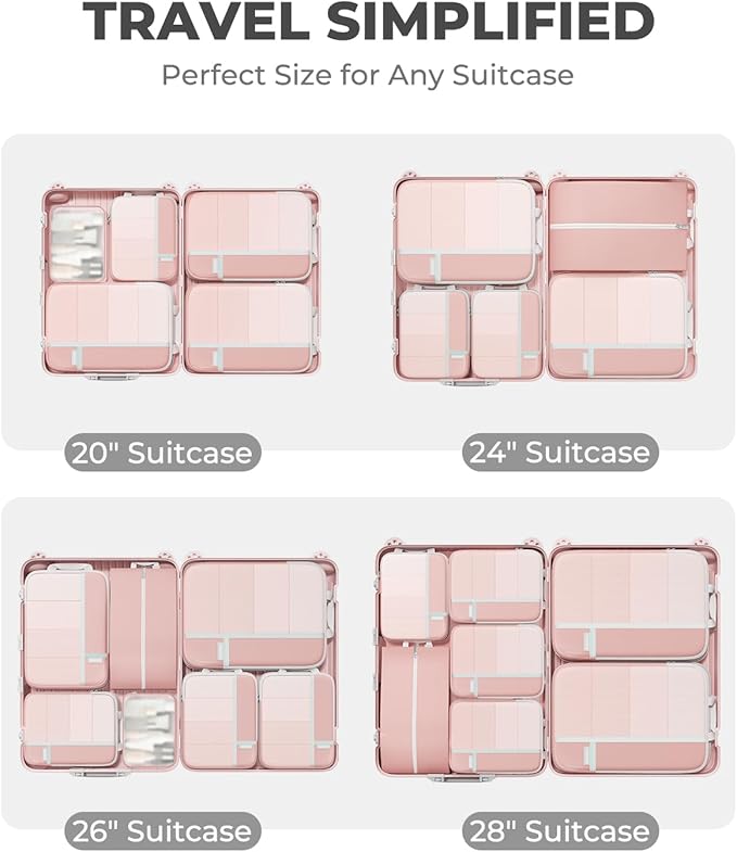 Percover Compression Packing Cubes 6-Piece Set, Packing Cubes Compression for Travel with Multi-Size Organization, Travel Organizer for Carry On & Checked Luggage, Pink