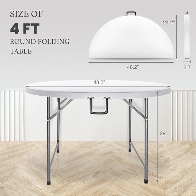 AJP Distributors 4 Foot Portable Round Folding Card Table 4FT 48" Half Foldable Heavy Duty Plastic w/Carry Handle - Indoor Outdoor Backyard Camping Picnic BBQ Party Wedding Dining Office Event White