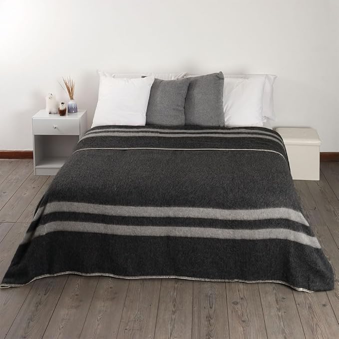 Thick Alpaca Wool Blanket Heavyweight for Camping Outdoors or Using Indoors | Soft Peruvian Alpaca Wool Blankets (Dark Gray -Soft Gray Stripes, King)