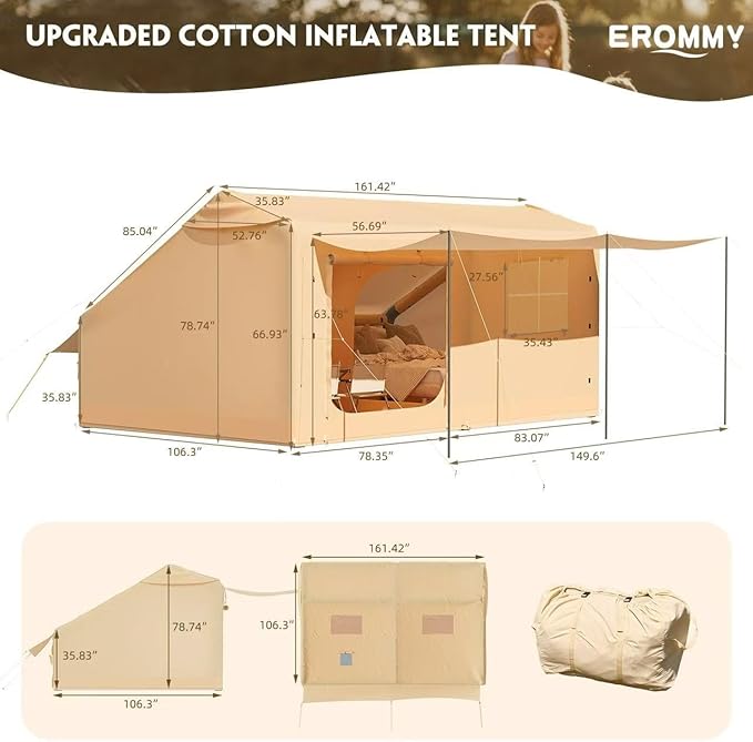 EROMMY 4/6/8/12 Person Inflatable Tent with Skylight, 4 Season Blow Up Tents with Hand Pump for Outdoor Camping & Hiking, Easy Set-up Windproof Sunproof Waterproof