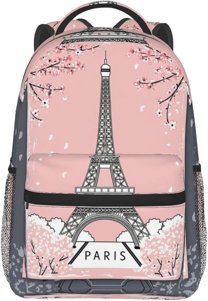 Men Women Polyester Paris Eiffel Tower With Pink Cherry Flower Blossom Art Daypack Big Capacity Shoulder Bag With Adjustable Shoulder Straps for Camping Travel Walking Cycling