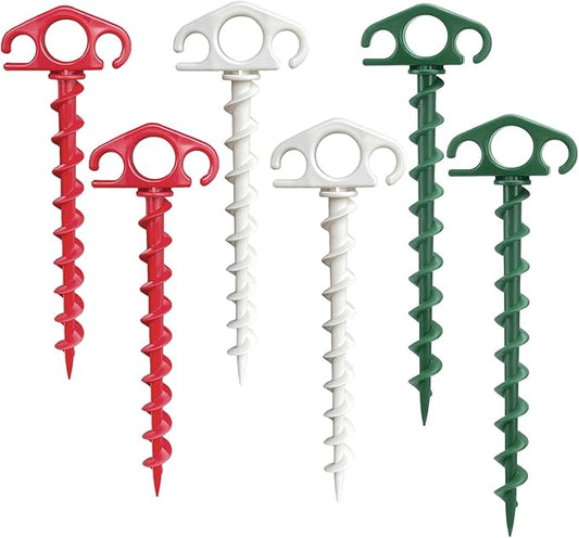 Tent Stakes Ground Anchors Screw in, 6 Pack Sand Stakes for Beach 9.4 Inch Heavy Duty Spiral Tent Pegs for Camping, Party, Hiking, Outdoor Decoration (6, Red+Green+White)