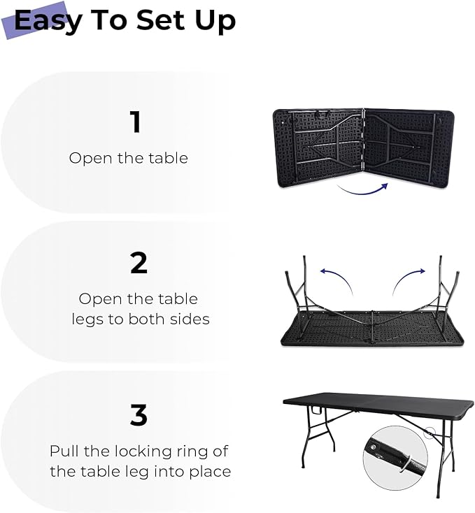 Folding Table 6ft Portable Heavy Duty Plastic Fold-in-Half 6 Foot Foldable Table Utility Dining Indoor Outdoor with Carrying Handle for Camping Picnic and Party, Black