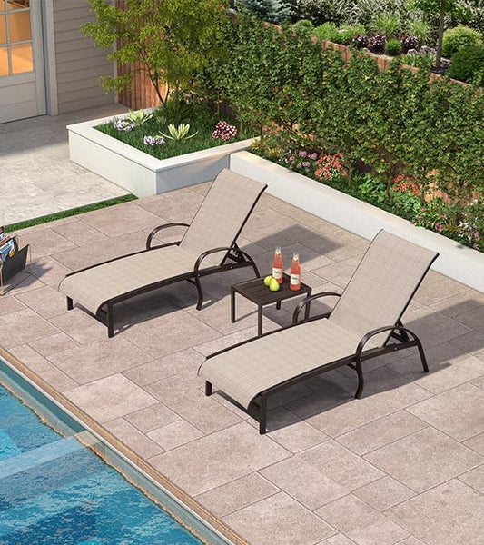 PURPLE LEAF Outdoor Chaise Lounge Chair Set of 3 Patio Pool Lounger Aluminum Chairs with Side Table Adjustable Tanning Recliner for Outside Yard Deck Lawn Garden Beach Khaki