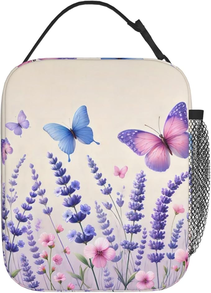 Reusable Lavender Lunch Box for Kids Girls Boys Women Adult, Insulated Butterfly Floral Lunch Bag,Polyester Cooler Flower Handbags Case for School Picnic Work Travel Beach or Hiking