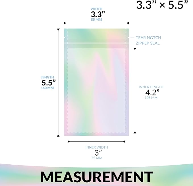 Mylar Bags with Zipper Seal 3.3 x 5.5" | 100 Bags | Rainbow Holographic | Sealable Heat Seal Bags for Candy and Food Packaging, Medications and Vitamins | For Liquid and Solids (3.3" x 5.5")