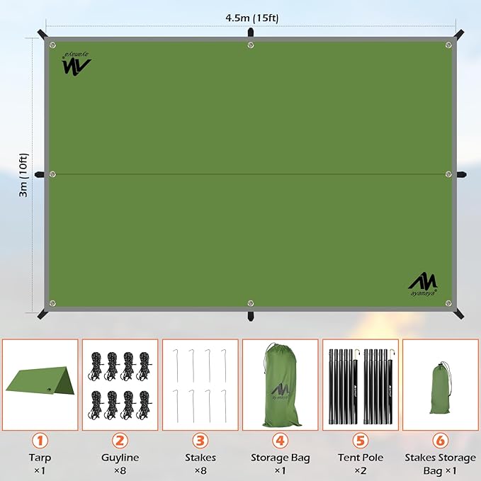 AYAMAYA Camping Tarp with Poles Heavy Duty, 10 x 15 FT Extra Large Waterproof Tarp Tent Awning, Hammock Rain Fly Sun Shelter for Camping, Beach, Picnic, Outdoor Activities