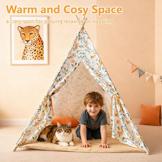 Bedroom Teepee Tent for Boys and Pets– Leopard Safari Indoor Play Tent for Ages 3–8 with Star Lights & Padded Mat, Leopard Canvas Teepee with 2 Windows, Skin-Friendly Washable, Easy Setup Cat House