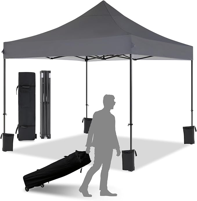 10x10 Pop Up Canopy with Wheeled Bag, Commercial Portable Canopy Tent, Easy Set Up, 4 Stakes & 4Sandbags & 4 Ropes, Waterproof Outdoor Shelter for Market, Parties, Grey