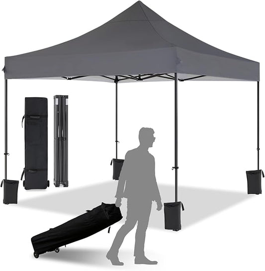 10x10 Pop Up Canopy with Wheeled Bag, Commercial Portable Canopy Tent, Easy Set Up, 4 Stakes & 4Sandbags & 4 Ropes, Waterproof Outdoor Shelter for Market, Parties, Grey