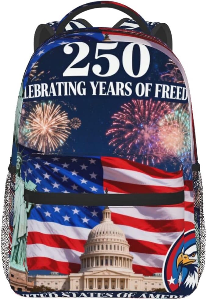 Polyester Daypack Backpack for Sports Travel Running, Big Capacity Anti-Theft Multipurpose Carry On Bag, 250th Anniversary 1776-2026 Patriotic Freedom Art Laptop Book Bag Rucksack