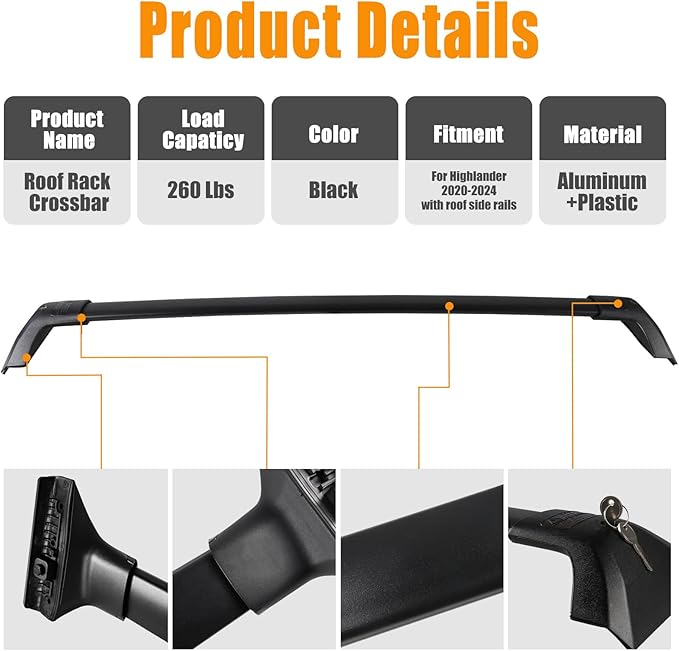 260lbs Heavy Duty Roof Rack Cross Bars for 2020-2025 Toyota Highlander (XLE, Limited, Platinum), Anti-Theft Locking Aluminum Cargo Rail for Roof Top Tent, Kayak, Canoe, Roof Box