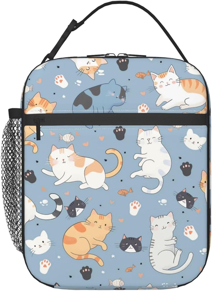 Reusable Cat Lunch Box for Kids Girls Boys Women Adult, Insulated Paw Print Lunch Bag,Polyester Cooler Cute Animal Handbags Case for School Picnic Work Travel Beach or Hiking (Light Blue)