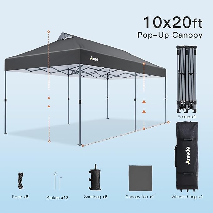 Amada 20x10 Pop Up Canopy - Center Lock One Push Instant Setup Gazebo Outdoor Canopy Beach Tent with STO-N-Go Bag 8 Stakes & 4 Sand Bags, 3-Height Adjustable Shade Shelter (20x10ft, Grey)