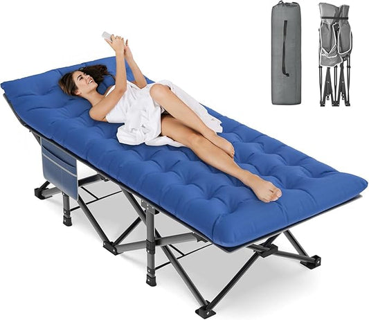 ZENPETIO Oversized XXL Folding Camping Cot, Heavy Duty Sleeping Cot for Adults with Mattress and Pillow, Portable Cot Bed with Carry Bag for Outdoor Camp Travel Home Guest Office, Blue