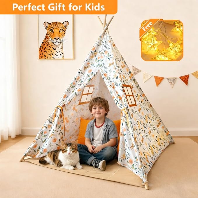 Bedroom Teepee Tent for Boys and Pets– Leopard Safari Indoor Play Tent for Ages 3–8 with Star Lights & Padded Mat, Leopard Canvas Teepee with 2 Windows, Skin-Friendly Washable, Easy Setup Cat House