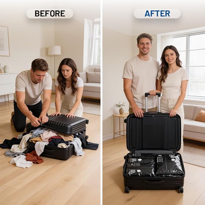 Duo 2 Pack Vacuum Seal Bags for Clothing Travel with Pump - Travel Vacuum Bags with Pump for Luggage + USB Charging Cable & Pouch, Space Saver Rechargeable Packing Kit for Suitcases & Backpacks
