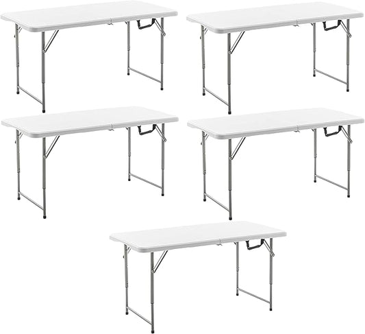 BTEXPERT Set of 5, 4ft Folding Utility Table Fold-in-Half Lightweight Height Adjustable Portable Carrying Handle Indoor Outdoor Picnic Camping Office Home Party Easy to Clean Store White Set of 5