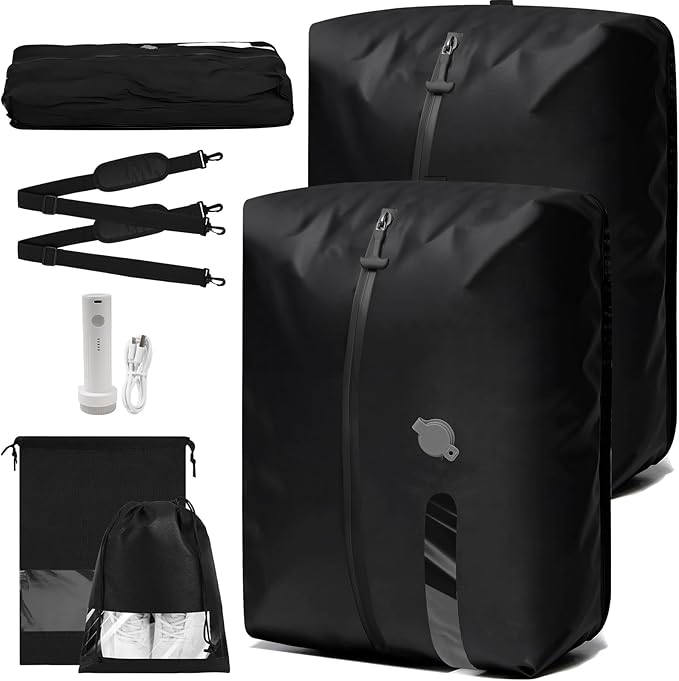 Vacuum Travel Bags With Pump,Vacuum Seal Bags For Clothing Travel,Ip67 Waterproof Vacuum Bags For Travel,Compression Packing Cubes With Suitcase, Luggage,Backpack (2pcs + Pump+Shoe Bags)