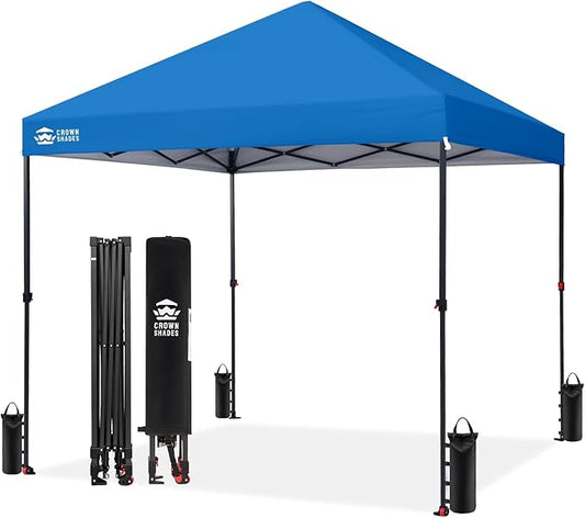 CROWN SHADES 8x8 Pop Up Canopy - Patented Center Lock One Push Instant Outdoor Canopy Beach Tent with STO-N-Go Bag 8 Stakes & 4 Sand Bags，Blue