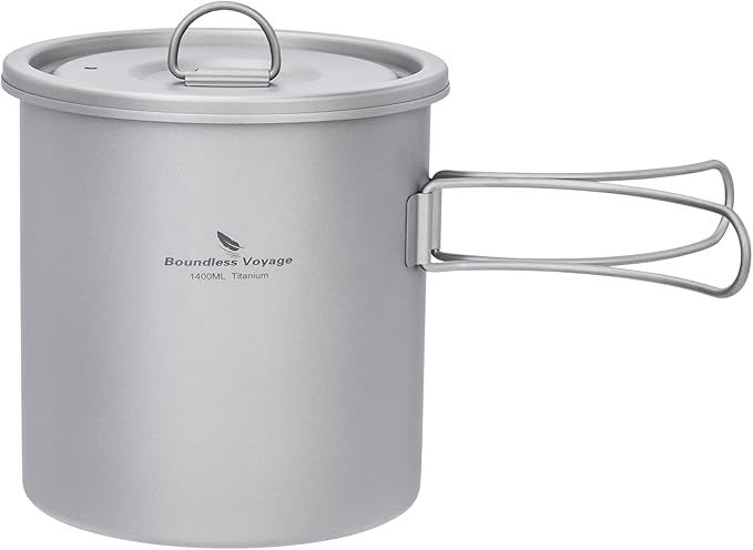 iBasingo 1400ml (1.4L) Titanium Camping Pot Cup Ultralight Backpacking Cookware with Folding Handle & Lid Durable Outdoor Cooking Kit for Travel Hiking Picnic