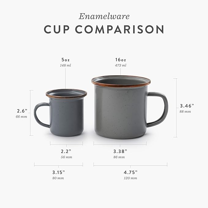 Barebones Enamel Cup Set- Enamel Coffee Mugs Set of 2 16-oz - Stainless Steel Rim Camping Mug for Indoor and Outdoor Use (Slate Gray)