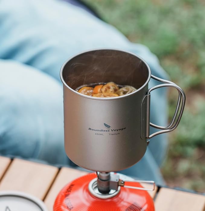 iBasingo 600ml Titanium Mug with Lid Tea Coffee Water Cup Outdoor Camping Pot Ultra-light Portable Hiking Backpacking Cooking Kit Picnic Tableware Drinkware with Foldable Handle Ti3036D