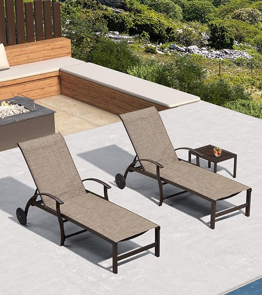 PURPLE LEAF Outdoor Chaise Lounge Chair Set of 3 Patio Pool Lounger Aluminum Chairs with Side Table and Wheels Adjustable Tanning Recliner for Outside Backyard Yard Deck Balcony Beach Brown