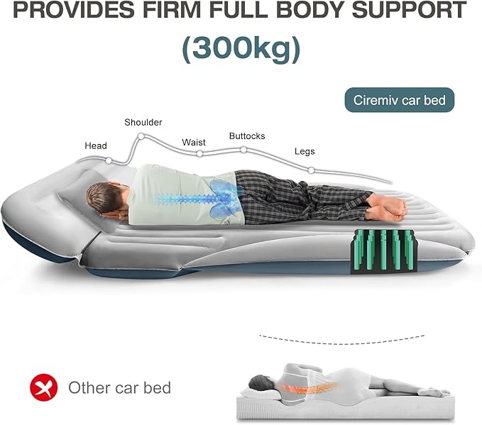 SUV Air Mattress, Double-Sided Thick Flocked Car Air Mattress with Built-in Pump & Pillow, Complete Sleeping Accessories for Auto Camping & Road Trips（Light Grey）