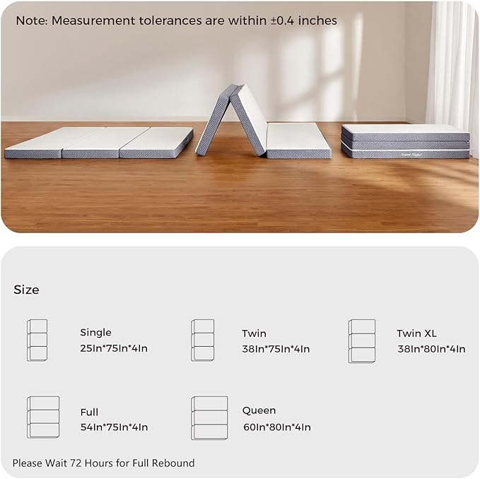 Sweetnight Tri Folding Mattress - 4-inch Single Size Foldable Mattress with a Collapsible and Washable Cover | Medium-Firm with Non-Slip Design | Suitable for RV Travel, Camping, Guest
